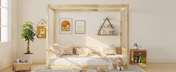 English Elm Twin Canopy Floor Bed Rubberwood Frame with Fence Guardrails for Kids Bedroom Natural W504P351804