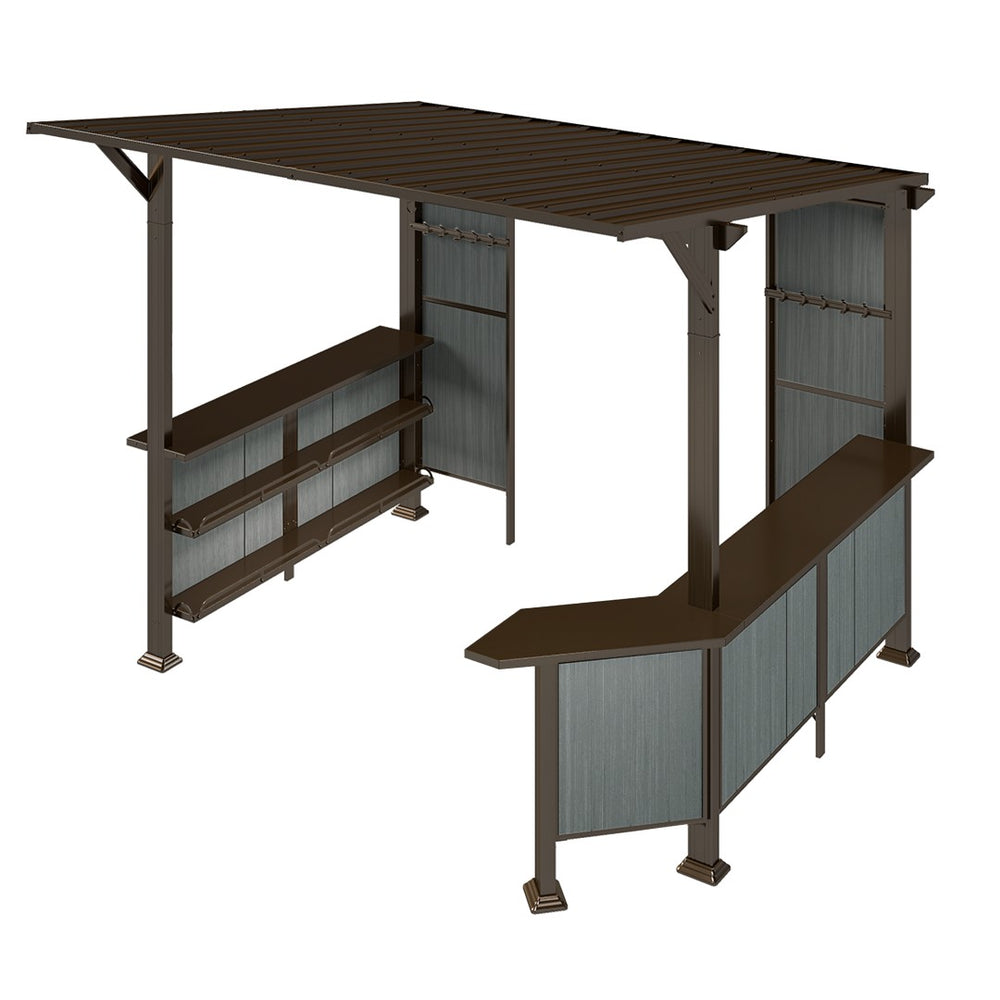 English Elm 9x10ft Hardtop Outdoor Grill Gazebo Galvanized Steel Canopy with Shelves for Patio Brown W1859S00181