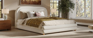 English Elm Queen Boucle Upholstered Bed Sculpted Arch Headboard Solid Wood Legs Boutique Style N757Q380929W