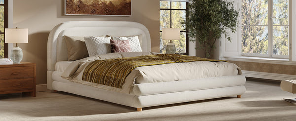 English Elm Queen Boucle Upholstered Bed Sculpted Arch Headboard Solid Wood Legs Boutique Style N757Q380929W