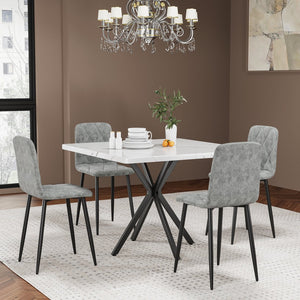 English Elm Square MDF Dining Set for 4 with Faux Marble Top, Mid-Century Modern Iron Legs, Easy-Clean Surface White+gray W578S00023