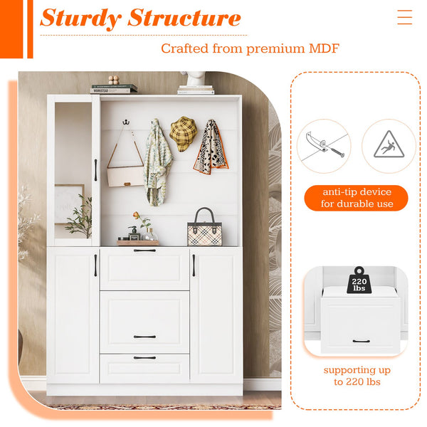 English Elm VIBE Entryway Hall Tree with Mirror, Foldable Bench & 6 Adjustable Shelves, 2 Drawers, Hooks SJ000142AAK