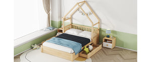 English Elm Wood Queen Size House Platform Bed with Guardrail and 2 Drawers — Charming Kids’ Playful Storage Bedframe Natural GX000726AAN