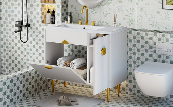 English Elm 36" Modern Bathroom Vanity with Resin Basin Sink, Soft-Closing Doors, Drop-Down Cabinet & Storage Elegance N710P265934K