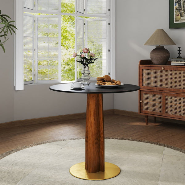 English Elm Modern Round Dining Table - 33.5" Sintered Stone Top With Wooden Legs & Gold Base For Small Spaces P4 W1535S00602-GIGA