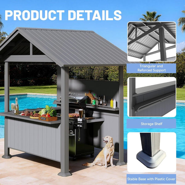 English Elm 9.4x6.2 Ft Hardtop Grill Gazebo Galvanized Steel Gable Roof with Shelves Patio Backyard Gray W1859S00207