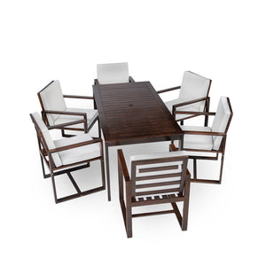 English Elm Patio 7-Piece Acacia Wood Dining Set with Removable Beige Cushions, Durable 330lb Chairs N719Z000090D