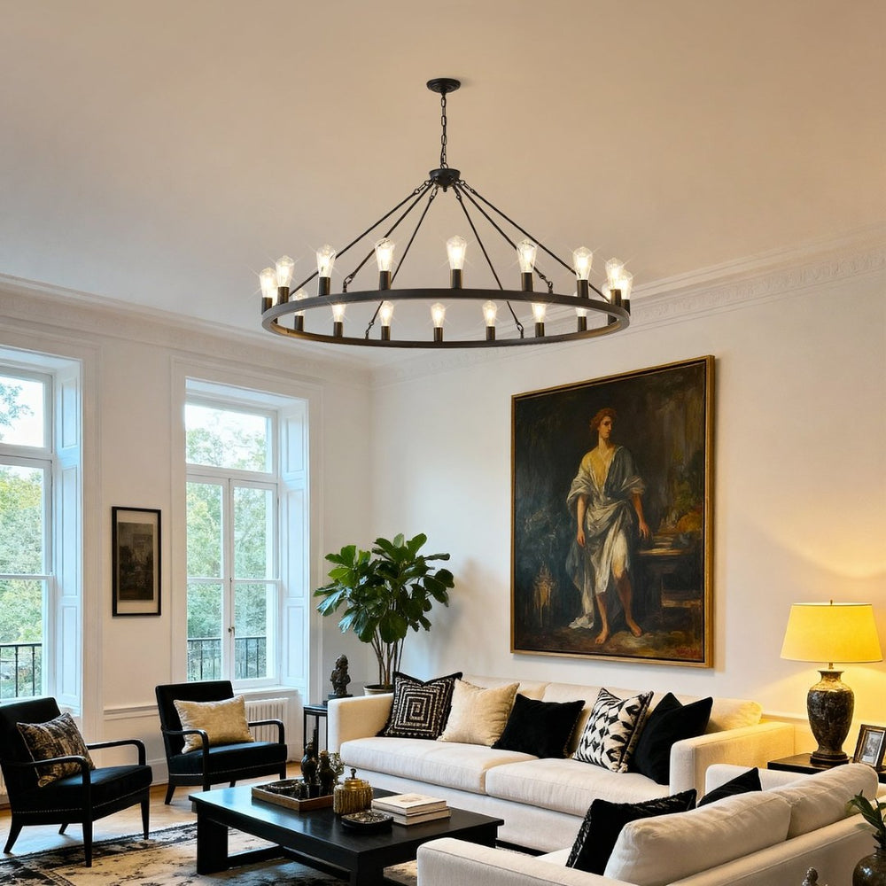 English Elm 53 Inch Matte Black Wagon Wheel Chandelier 18 Light Farmhouse Foyer Statement Fixture W5008P393041