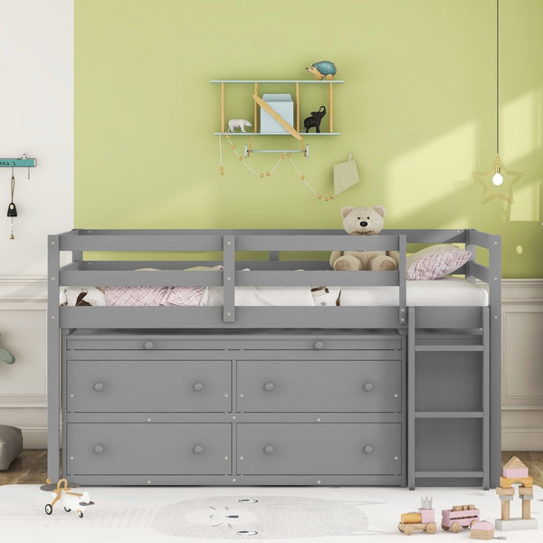English Elm Twin Loft Bed Pinewood Frame Four Drawers Retractable Study Desk Kids Bedroom Gray LT000368AAE