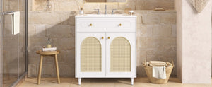 English Elm 30" Rattan Front Bathroom Vanity Solid Pine Cabinet with Ceramic Sink and Adjustable Shelf White N710P293988K