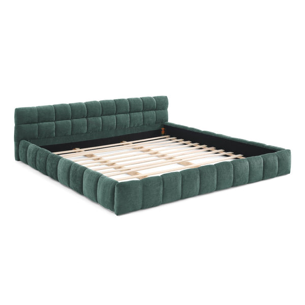 English Elm King Platform Bed Fully Upholstered in Plush Chenille with Low Profile Modern Frame Blue+Green W487S00466
