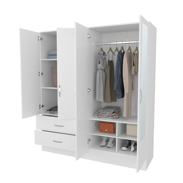 English Elm White Four-Door Wardrobe with Mirrors and Drawers — Spacious Melamine Closet for Organized Living B062S01279