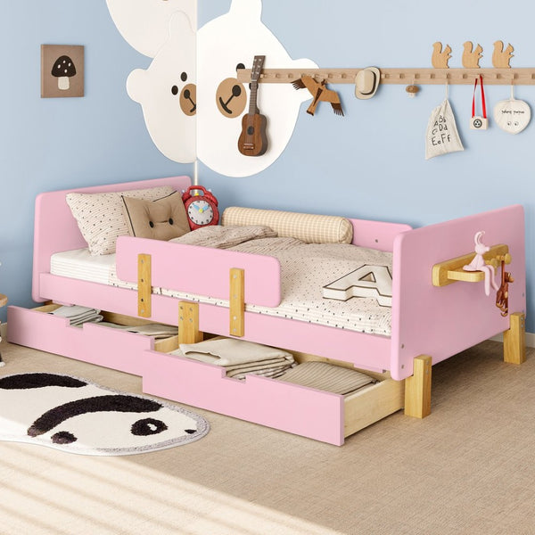 English Elm Twin Low Profile Kids Floor Bed Pine Wood Frame with Safety Rail and Built in Bookshelf W1580P373242