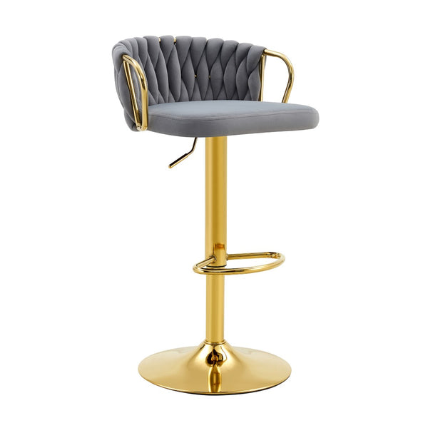 English Elm Set of 2 Velvet Swivel Barstools with Braided Rope Back and Adjustable Pedestal Base Gold,Gray W3875P383914