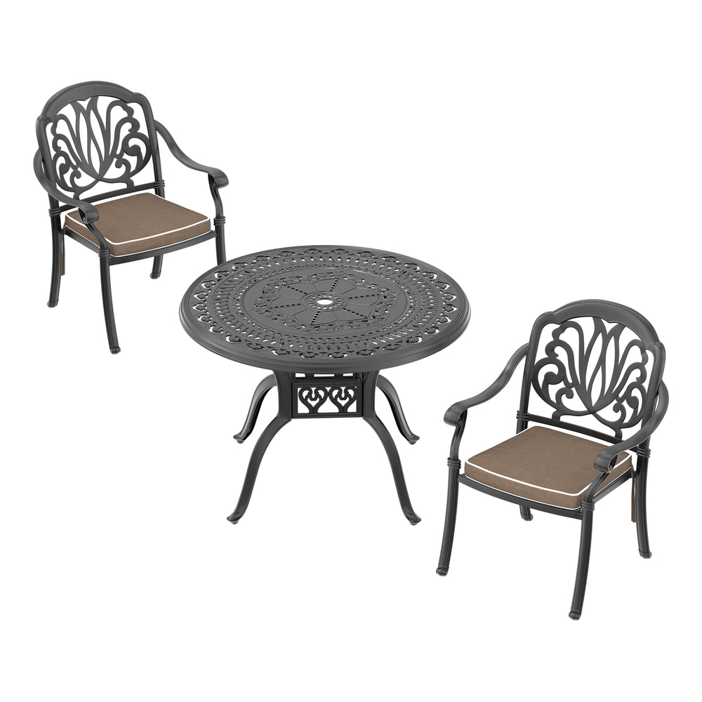 English Elm 3-Piece Elegant Cast Aluminum Patio Set With Brown Cushions – Stylish, Durable, Ideal For Small Spaces W1710S00061