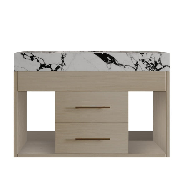 English Elm 29.9" Floating Bathroom Vanity Sintered Stone Top Soft Close Drawers Bronze Gold Hardware White+Black,Wood W3136S00035