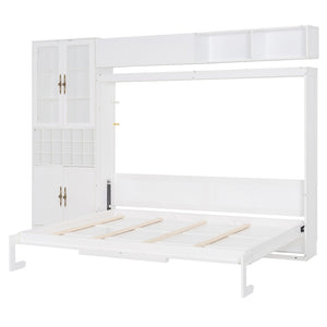 English Elm Queen Murphy Wall Bed Sofa with Open Shelving Usb Charging and Integrated Studio Lighting Gray,White LP100764AAK
