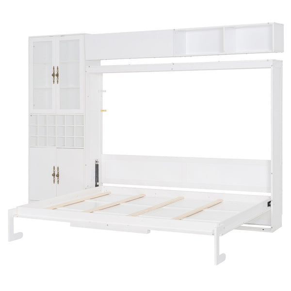 English Elm Queen Murphy Wall Bed Sofa with Open Shelving Usb Charging and Integrated Studio Lighting Gray,White LP100764AAK