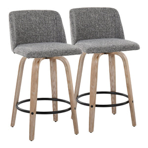 English Elm Toriano 26" Mid-Century Modern Swivel Counter Stools In White-Washed Wood & Grey Noise Fabric - Set Of 2 B202S00414-GIGA