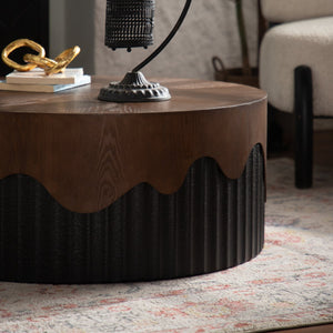 English Elm 30.31" Round Coffee Table Solid Wood & MDF Handcrafted Bark Veneer Top Sturdy Pedestal No Assembly, Black Walnut Finish Elegance for Living Room W3081P357841