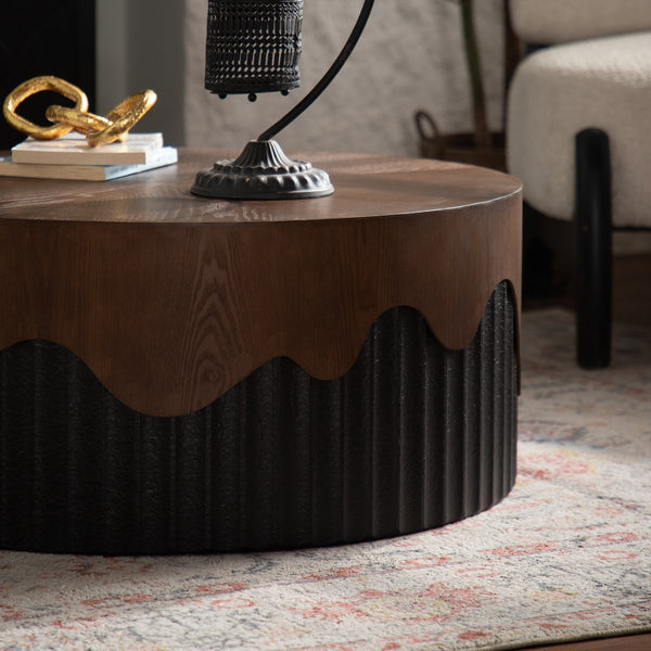 English Elm 30.31" Round Coffee Table Solid Wood & MDF Handcrafted Bark Veneer Top Sturdy Pedestal No Assembly, Black Walnut Finish Elegance for Living Room W3081P357841