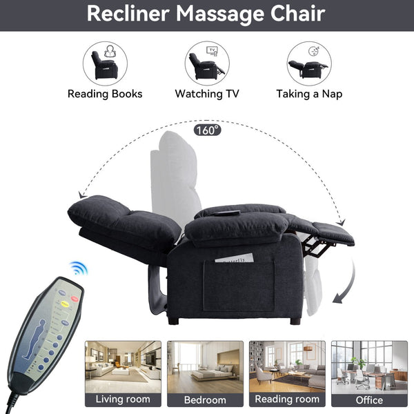 English Elm 019-160°recliner Plush Chenille Push Back Chair with Massage Heating for Seniors Black W2636P286683
