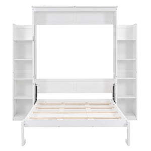 English Elm Full Size Murphy Wall Bed with Led Lighting Side Storage Cabinets and Slatted Support White LP000694AAK-1