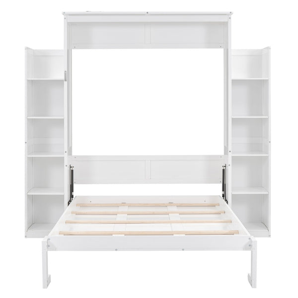 English Elm Full Size Murphy Wall Bed with Led Lighting Open Shelves Space Saving Cabinet White LP000694AAK-2