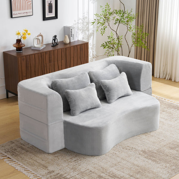 English Elm Queen Plush Floor Sofa Futon with 4 Pillows — Modern Foam Folding Couch Mattress for Living Room Guest Bedroom LIGHT GREY W3612P336072
