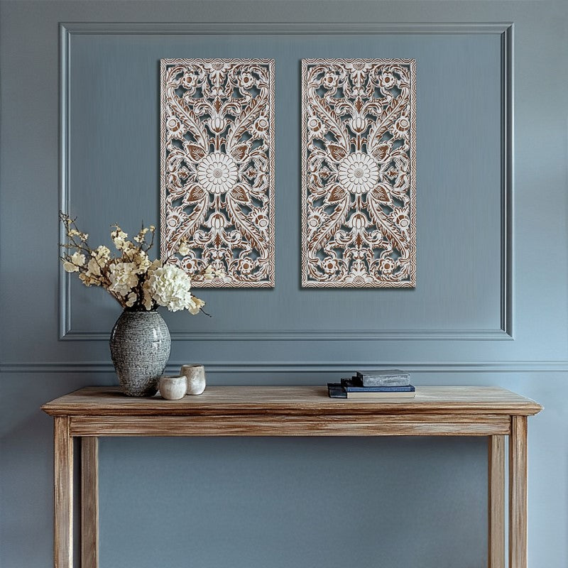 English Elm 2 Pcs Botanical Wall Panels - Distressed Carved Wood Decor Set For Vintage-Inspired Interiors B035P366543