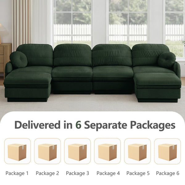 English Elm 137" Oversized U-shaped Chenille Sectional with Ottoman Quilted Cushions for Spacious Living Green W714S01773
