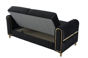 English Elm Melody Velvet Upholstered Sleeper Loveseat with Gold Accents, Vertical Tufting & Convertible Comfort Black B009S01834