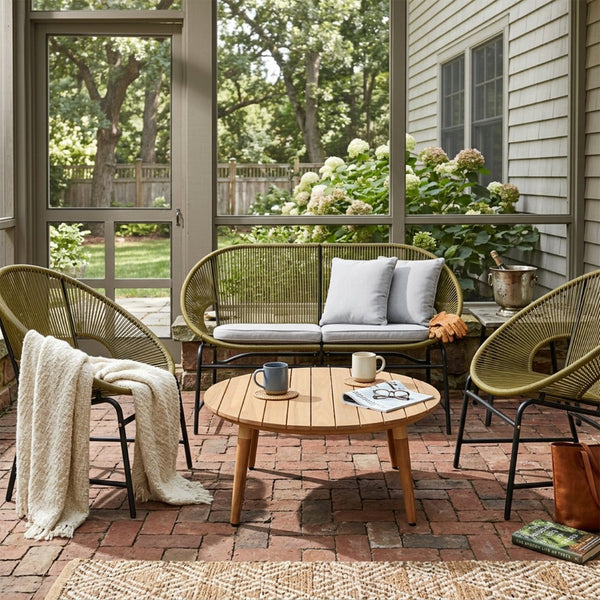 English Elm Nusa Outdoor Pe Rattan Conversation Set with Acacia Wood Coffee Table Patio Green,Natural NUSA4PCSET-GRN