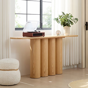 English Elm 66.93'' Slim Matte Console Table with Sculptural Cylinder Legs for Entryway or Foyer Natural W876S00338