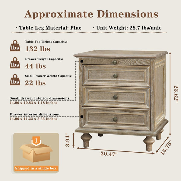 English Elm Farmhouse Nightstand Pine Wood Four Drawer Storage with Pull Out Tray Gourd Legs Natural+White W1716P399642