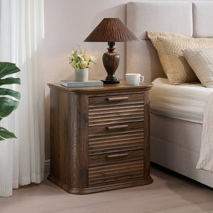 English Elm 22" Fluted Wood Nightstand with Built-in Charging Station Three Drawer Bedside Storage T5326P431148