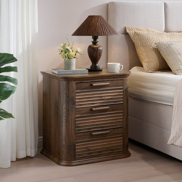 English Elm 22" Fluted Wood Nightstand with Built-in Charging Station Three Drawer Bedside Storage T5326P431148