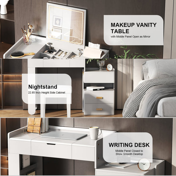 English Elm 3-in-1 Makeup Vanity Desk with Flip Mirror, LED 3-Color Lighting, Expandable Length & Ample Storage Drawers White N844P285298A