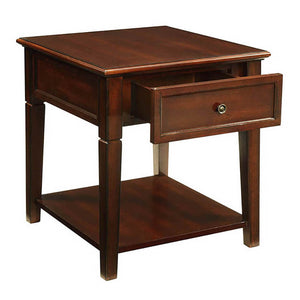 English Elm Walnut End Table with Drawer and Lower Shelf — Classic Wood Top, Tapered Legs, Durable Farmhouse Accent B062P189244