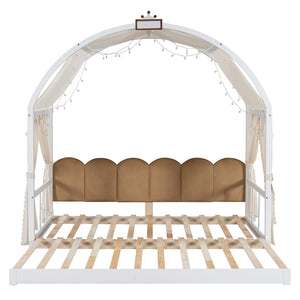 English Elm Twin Pinewood Ground-Level Canopy Bed with Arched Roof and Trundle for Kids—Whimsical, Sturdy Design White N820P181648K