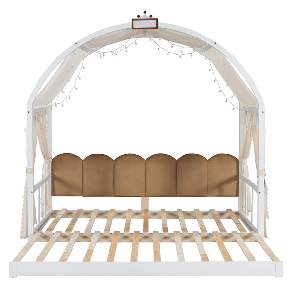 English Elm Twin Pinewood Ground-Level Canopy Bed with Arched Roof and Trundle for Kids—Whimsical, Sturdy Design White N820P181648K