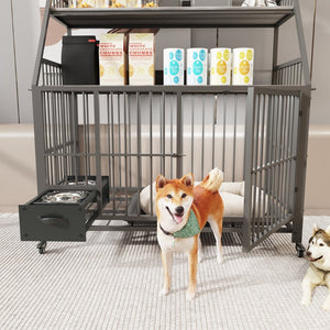 English Elm Large Pet Cage with Iron Frame Mdf Panels Storage Rack and Steel Feeding Basins Black,Gray+Charcoal W3064P245387