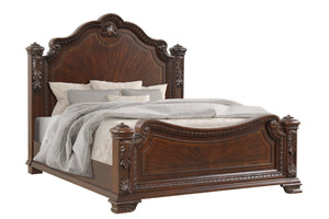 English Elm Traditional King Bed with Intricate Carvings, Walnut Finish, High Headboard & Footboard, Box Spring Ready, Vintage Elegance B009S01348
