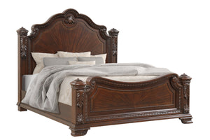 English Elm Traditional Vintage Queen Bed with Intricate Wood Carvings, High Headboard, Warm Walnut Finish, Box Spring Required B009S01347