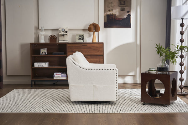 English Elm 011-Teddy Plush Swivel Accent Chair with High Back, Rivet Trim, 360° Rotation, Storage & Pockets Ivory W527P190834