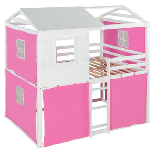 English Elm Full Size Kids Playhouse Bunk Bed Pinewood Frame with Tent Roof and Window Cutouts Pink LT000380AAH-1