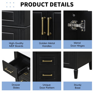 English Elm 36 Inch Freestanding Bathroom Vanity Sage Pine Cabinet Gold Hardware Ceramic Sink Black N725P366466B