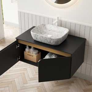 English Elm Dina Floating Bathroom Vanity Sintered Stone Top Glass Basin Striped Plywood Cabinet W2615S00526