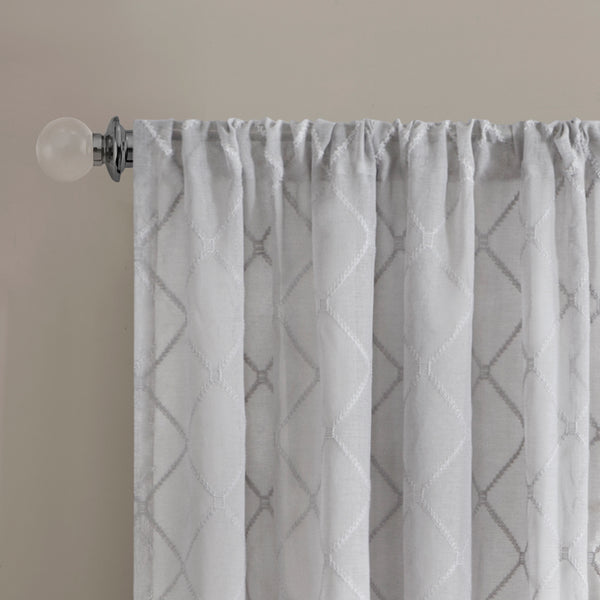 JLA Home Madison Park - Diamond Sheer Window Curtain Panel with Embroidered Diamond Motif, Light-Filtering Elegance for Layering Grey MP40-1066
