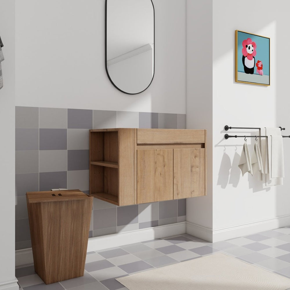 English Elm 30 Inch Wall Mounted Bathroom Vanity with Open Shelf Hardware Free Handle Design W99956039